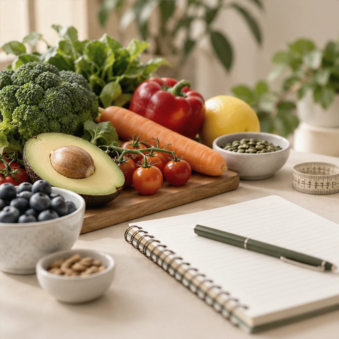 Alimentos frescos junto a un cuaderno de planificación nutricional