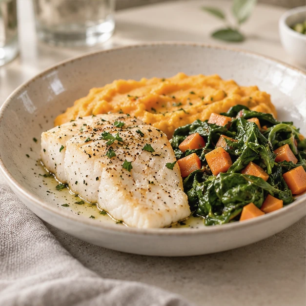 Plato equilibrado con pescado y vegetales, fotografía ilustrativa