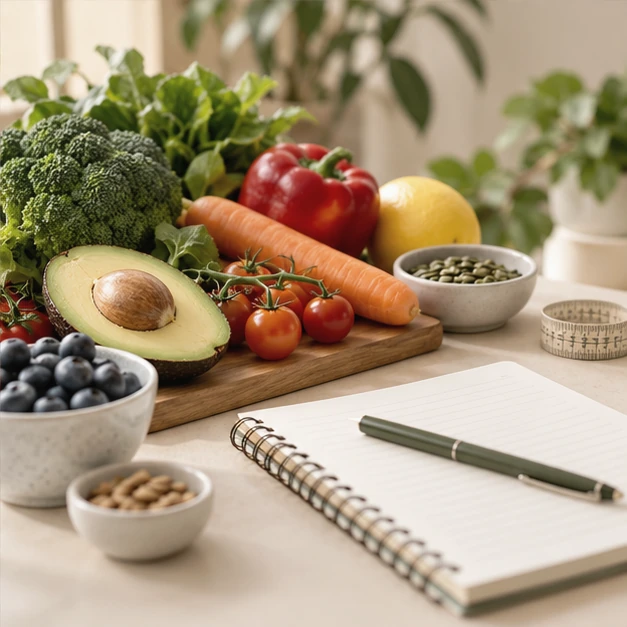 Ingredientes variados y cuaderno de planificación, fotografía ilustrativa